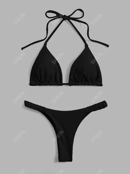 SHEIN Swim Summer Beach Solid Bikini Set Halter Triangle Bra & Thong 2 Piece Bathing Suit