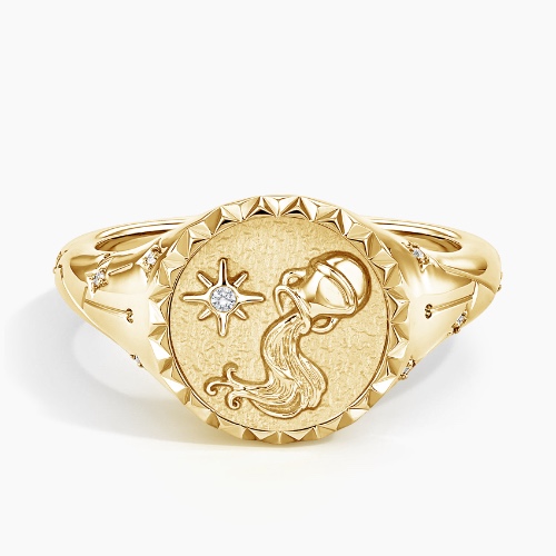 14K Yellow Gold Aquarius Zodiac Diamond Signet Ring