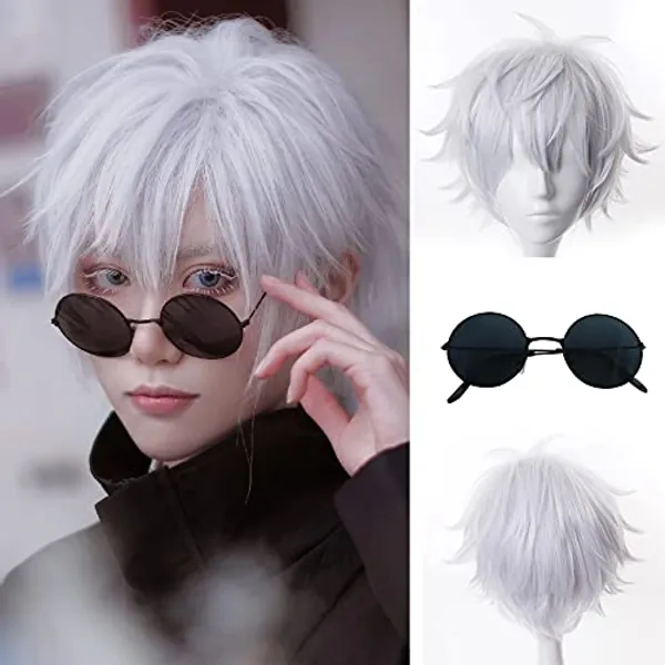 IMEYLE Wig (+1Black Glasses) for Jujutsu Kaisen Cosplay Light Purple Cosplay Wig for Men Short Straight Anime Wig with Bangs Heat Resistant Synthetic Wig for Halloween Costume Party