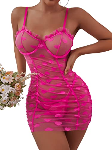 SHENHE Women's Sheer Mesh Heart Embroidery Underwire Babydoll Lingerie Dress with Thong - Large - Hot Pink