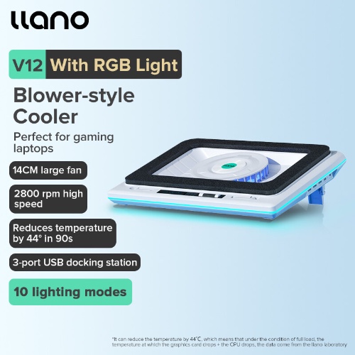 【local stock】llano V12 V13 Laptop Cooler Powerful Turbo-Fan RGB Blower-style Cooling Pad with Infinitely Variable Speed 3 USB ports for Rapid Cooling Gaming Laptop, For 15.6-21inch