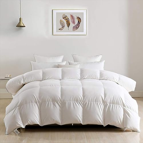 DWR Luxury Feathers Down Comforter Full/Queen, Hotel-Style Fluffy Duvet Insert, Ultra-Soft Egyptian Cotton Cover, 750 Fill Power 46oz Medium Weight for All Season(90x90, White) - Queen - White