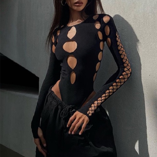 'Hold Back' Black Alt Hollow Out Design Bodysuit - black / L