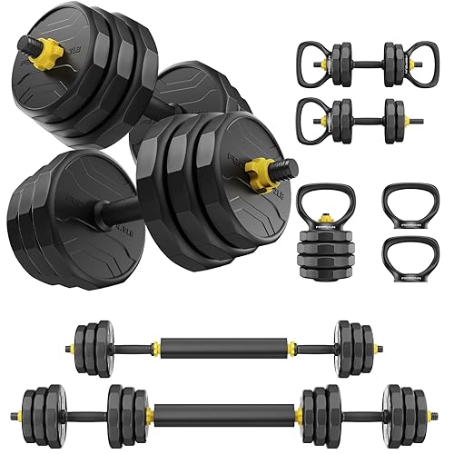 FEIERDUN Adjustable Dumbbells, 40/48/68/88lbs Free Weight Set with 4 Modes, Used as Barbell, Kettlebells, Push up Stand, Fitness Exercises for Home Gym Suitable Men/Women - B:48LB(24LB Pair)