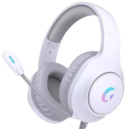 syndesmos CM7002 Gaming Headset for PS5, PS4, PC, Mac, Switch, Xbox Series, Surround Sound RGB Gaming Headphones with Noise Canceling Microphone, 50MM Dynamic Drivers, 3.5MM Audio Jack, White - White