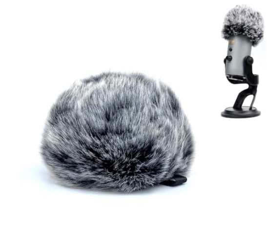 PhantAccy Pop Filter/Windscreen for Blue Yeti and Yeti Pro Microphones, Furry Mic Cover for Wind and Ambient Noise Reduction - Fuzzy-BlackWhite