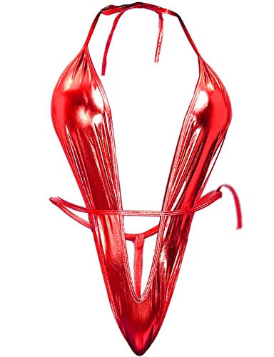 Taube Women Teddy Deep V Halter Lingerie Sleeveless Sling Tops Satin Bodysuit Corset Bodysuit Top - Red