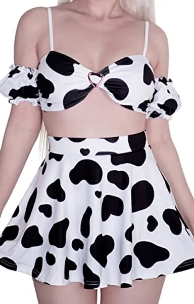 MOEFLAVOR Anime Cosplay Women’s Kawaii Cow Print Costume | Soft Spring Maid Outfit Top & Skirt Set | Reg & Plus Size