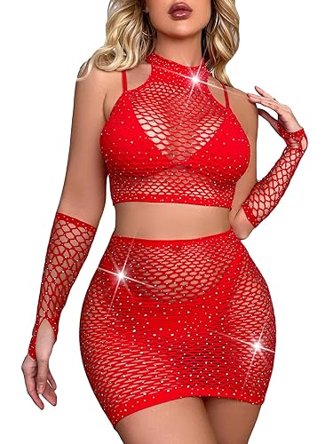 WDIRARA Women's Sexy Fishnet Lingerie Bodysuit Sparkle Rhinestone Stripper Outfits Exotic Sets - One Size - Red