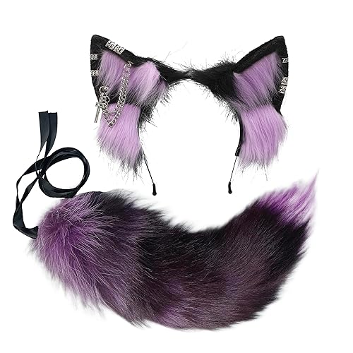 VIGVAN Wolf Ear Headband and Tail Set Fluffy Plush Wolf Cosplay Costumes - Black Purple Ear Tail1