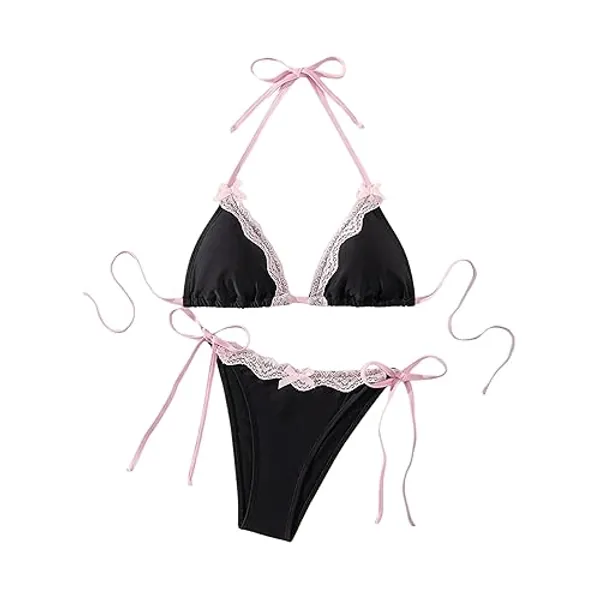 WDIRARA Women's Lace Trim Halter Bikini Set Bow Tie Side Bathing Suit 2 Piece Swimsuit