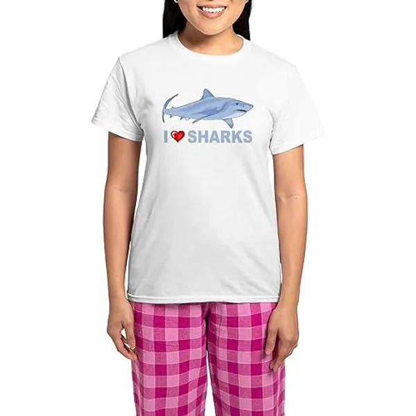 CafePress I Love Sharks Women's Light Pajamas Women's Novelty Cotton Pajama Set, Comfortable PJ Sleepwear