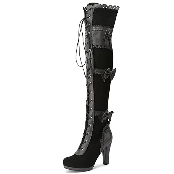 SaraIris Women's Vintage Boots Chunky High Heel Platform Knee High Boots Buckle Lace Goth Punk Knight Boots Over the Knee Boots Thigh High Boots for Women