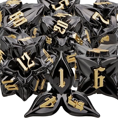 ARUOHHA DND Metal Dice Set 7PCS Black Gold Leaf Dungeons and Dragons D&D Dice with Box, RPG Handmade Role Playing Games D and D Dice D20 D12 D10 D8 D6 D4, 6 Sided Polyhedral Dice Sets - Leaves- Black Gold