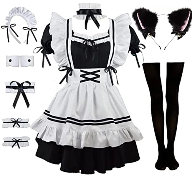 Rickem Ladies Anime Cosplay French Black white bow Apron Dress Halloween Makeup Costume 8PCS Set - 3X-Large - Black