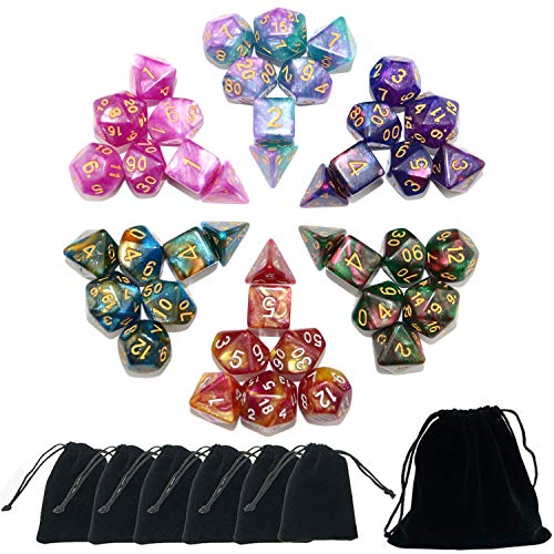SmartDealsPro 6 x 7 Sets (42 pcs) Glitter Polyhedral Dice Sets with Pouches for DND RPG MTG Dungeon and Dragons Table Board Roll Playing Games D4 D8 D10 D12 D20 (6 Sets) - 6 Sets