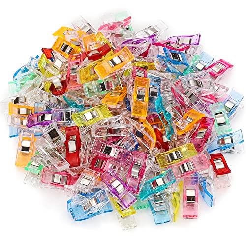 QMay Sewing Clips, 100 Pcs Quilting Clips with a Plastic Box, Versatile Craft Clips for Quilting, Fabric Clips, Binding, Crocheting, Kniting etc. Color: Random, Size: 27x15x10 mm - 100 pcs in plastic bag