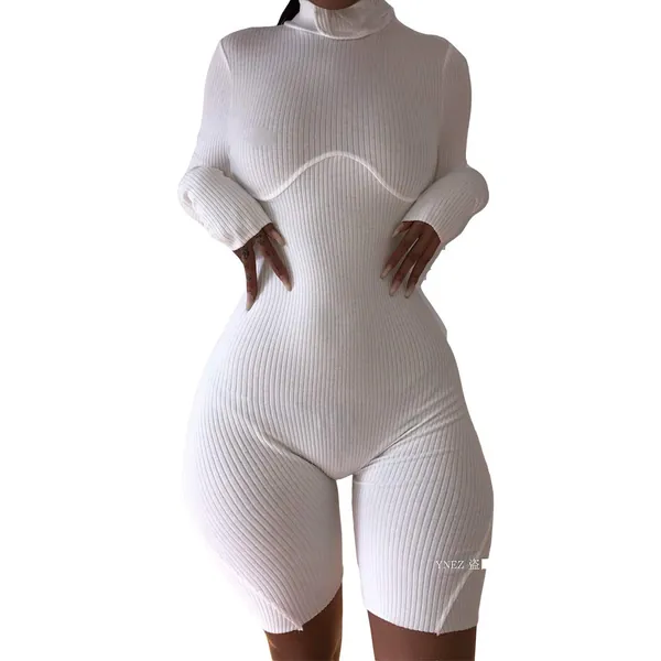 XLLAIS Women Sexy High Neck Long Sleeve Bodycon Romper Jumpsuit Rib Outfits