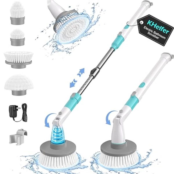 kHelfer Electric Spin Scrubber Kh8, 2023 New Cordless Shower Scrubber, 4 Replacement Head, 1.5H Bathroom Scrubber Dual Speed, Shower Cleaning Brush with Extension Arm for Bathtub Tile Floor