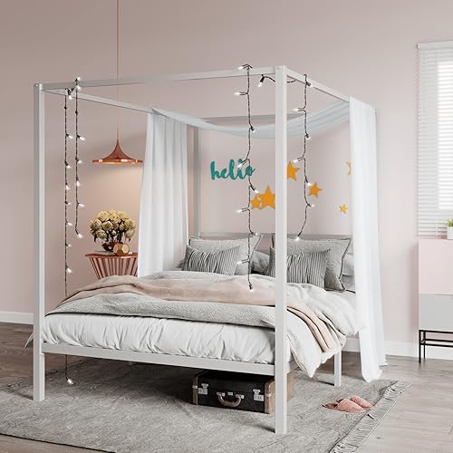 SHA CERLIN Metal Canopy Bed Frame Queen Size/Mattress Foundation with Metal Slats Support/No Box Spring Needed/Easy Assembly/White - White - Queen