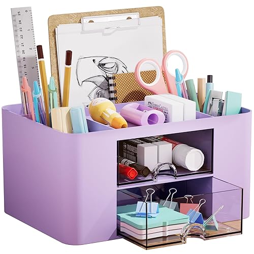 Marbrasse Pen Organizer with 2 Drawer, Multi-Functional Pencil Holder for Desk, Desk Organizers and Accessories with 5 Compartments + Drawer for Office Art Supplies (Purple) - Purple