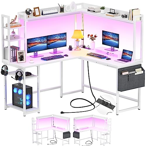 Aheaplus L Shaped Desk with Power Outlet, L Shaped Gaming Desk with Led Light & Hutch, Reversible Home Office Desk, Corner Computer Desk Writing Desk with Monitor Stand & Storage Shelves, White - White
