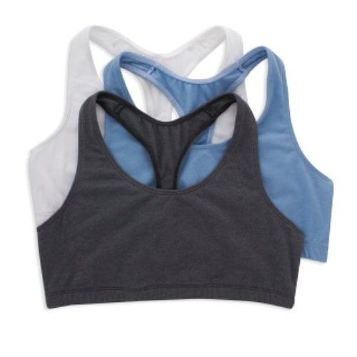 Hanes Women's Racerback Bralette Pack, Stretch Knit Low-Impact, Moisture-Wicking Cotton T-Back Bra Top, 3-Pack - Small - White/Denim Jacket Blue Heather/Moonlite