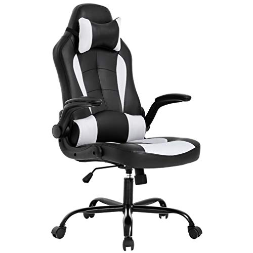 BestOffice PC Gaming Chair Ergonomic Office Chair Desk Chair with Lumbar Support Flip Up Arms Headrest PU Leather Executive High Back Computer Chair for Adults Women Men (White) - White