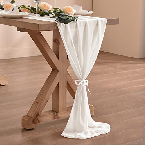 Socomi 14ft White Chiffon Table Runner 29x170 Inches Sheer Wedding Runner Romantic Rustic Table Runner for Christmas Baby Shower - Ivory