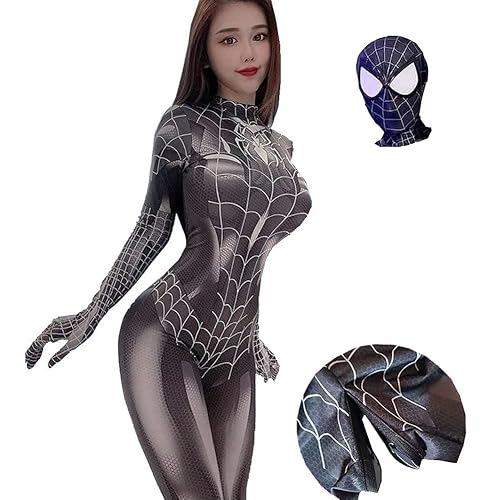 Picksoco Women's Sexy Spider Costume Masks Front Bottom Two Zipper Bodysuit Women Halloween Girl Superhero Cospaly Jumpsuit - Black - Medium