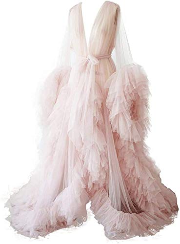 Tulle Robe Long Lingerie Bridal Dressing Gown Puffy Nightgown Photoshoot - Pink - X-Large