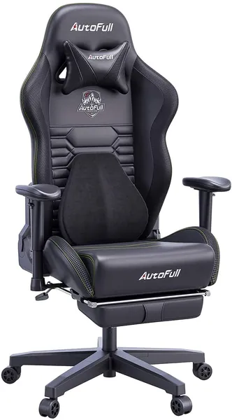 AutoFull Gaming Office Desk Ergonomic Lumbar Support, Racing Style PU Leather PC High Back Adjustable Swivel Task Chair with Footrest，Black, Standard