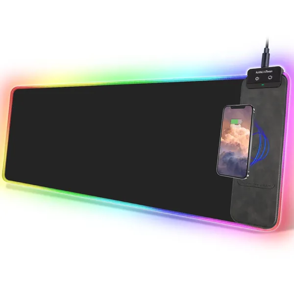 FutureCharger RGB Gaming Mouse Pad with Wireless Charger, Soft Keyboard Pad, Larger Extended Mouse Pad, Non-Slip Rubber Base Computer Mouse Pad, Desk Mat for Laptop/Office/Home 31.49x11.81inch-Black