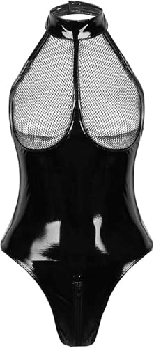 Gain Love Sexy Women's Plus Size Lingerie PVC Leather Mesh Bra Wetlook Halter Neck One Piece Clubwear Teddy Bodysuit - Medium