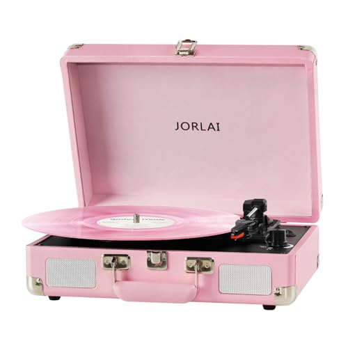 JORLAI Pink Vinyl Record Player 3 Speeds Portable Suitcase Turntable with Built-in Dual Speakers, Bluetooth Gramophone with Built-in Battery 3.5mm Aux Input/Rca Output - Pink Silver