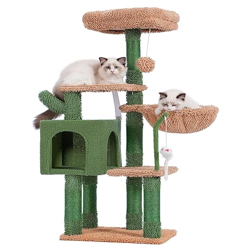 Heybly Cactus Cat Tree,43 Inches Cat Tower Condo for Indoor Cats, Cat House with Padded Plush Perch, Toy, Hammock and Sisal Scratching Posts, Khaki and Green HCT004SCA - 43.3 inch - Green and Yellow