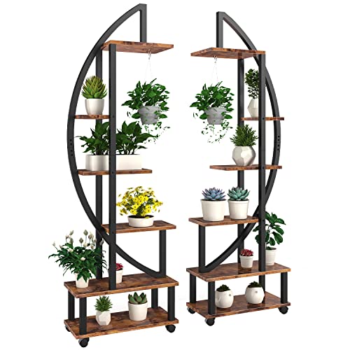 FRIZIONE 2 Pcs 6 Tier Tall Metal Indoor Plant Stand with Hanging Loop, Plant Shelf Holder for Outdoor Clearance, Half-Moon-Shaped Multi-Purpose Plant Stands for Home Decor, Balcony, Patio, Garden - Half Moon