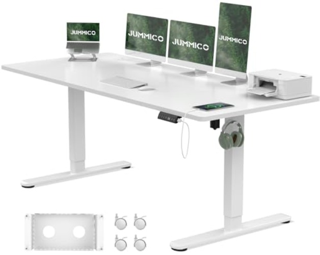 JUMMICO Electric Standing Desk 180x80cm with USB Charging, Height Adjustable Computer Desk with Cable Tray and Wheels,Ergonomic Rising Sit Stand up Table Home Office Furniture, White - White - 180 x 80 cm