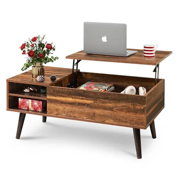 WLIVE Wood Lift Top Coffee Table with Hidden Compartment and Adjustable Storage Shelf, Lift Tabletop Dining Table for Home Living Room, Office, Rustic Oak