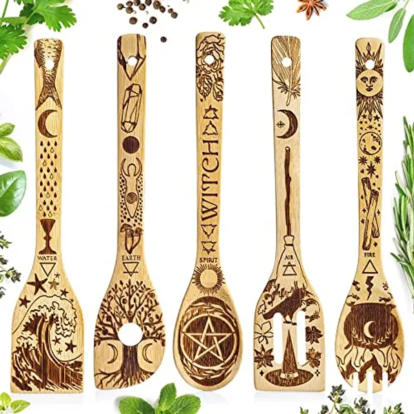 Witchy Halloween Utensils Laser Engraved 5 Elements Bamboo Large Cooking Utensils Set Cottagecore Kitchen Witch Gift Romantic Mother's Day Gifts