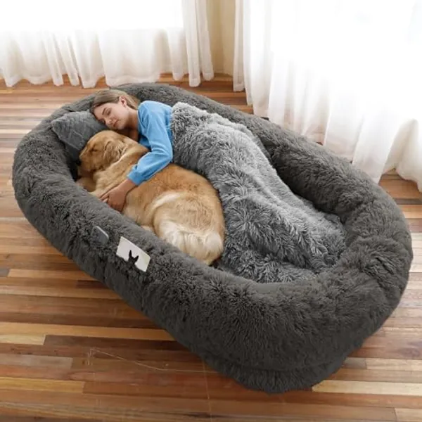 WROS Human Dog Bed, 71"x45"x14" Dog Beds for Humans Size Fits You and Pets, Washable Faux Fur Bed for People Doze Off, Napping Orthopedic Dog Bed, Present Plump Pillow, Blanket, Strap - Darkgrey