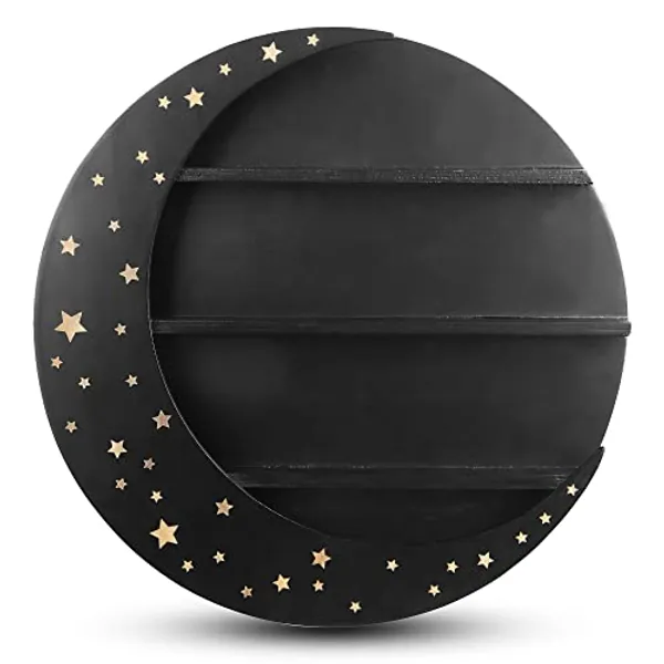 HOP SKIP Wooden Crescent Moon Shelf for Crystals and Essential Oils - 2.75” x 15.55” x15.55” - Wall Mounted Half Moon Decorative Display Crystal Shelf - Floating Shelves for Wall