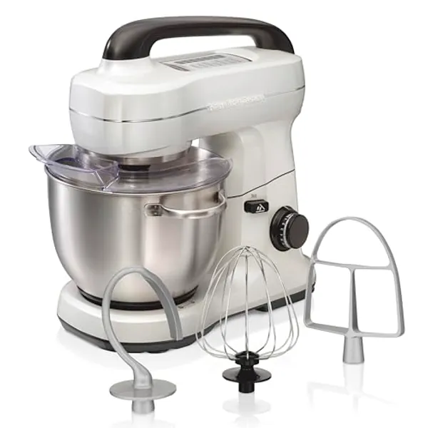 Hamilton Beach Electric Stand Mixer, 4 Quarts, Dough Hook, Flat Beater Attachments, Splash Guard, 7 Speeds with Whisk, White