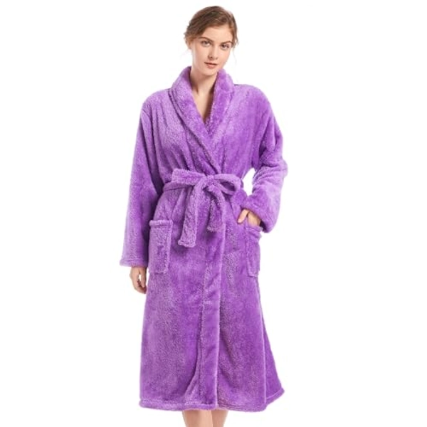 Inner Wish Womens Plush Fleece Robe, Cozy Warm Bathrobe Fuzzy Female Spa Robe With Pockets (Light Grey+Rose Red)