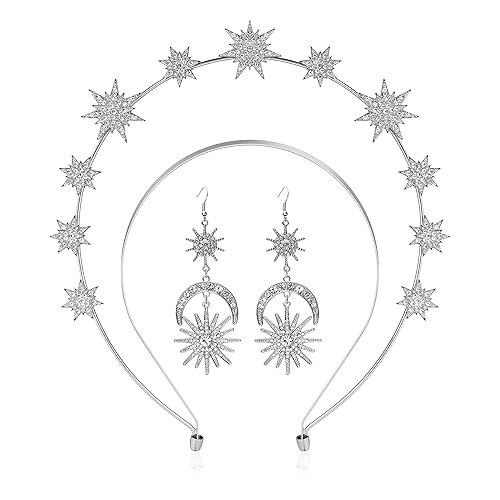 Halo Crown Moon Stars Goddess Crown Halo Headband Tiaras and Crowns for Women Boho Bridal Wedding Headpiece - 1-Silver Crown With Earrings