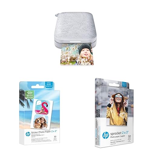 HP Sprocket 2nd Edition Portable Photo Printer Sprocket Premium Zink Sticky Back Photo Paper (50 Sheets) Sprocket Pre-Cut Sticker Photo Paper - Luna Pearl - Printer + Photo Paper + Photo Paper