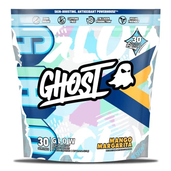 GHOST Glow Sticks: Beauty and Detox Supplement - 30 On-The-Go Stick Packs, Mango Margarita - Hyaluronic Acid, Biotin & L-Theanine for Skin-Boosting Support - Sugar Free, Gluten Free