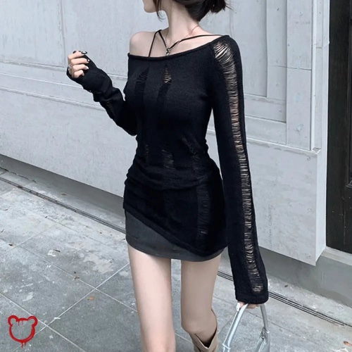 Split Distressed Sweater - Black