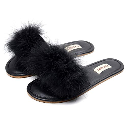 FAYUEKEY Women Fur Sexy Slippers Spring Summer Fluffy Soft Cute PU Comfy Slides Sandals Indoor Outdoor Flats Shoes - 9 - Black