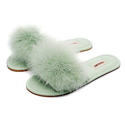 FAYUEKEY Women Fur Sexy Slippers Spring Summer Fluffy Soft Cute PU Comfy Slides Sandals Indoor Outdoor Flats Shoes - 9 - Green